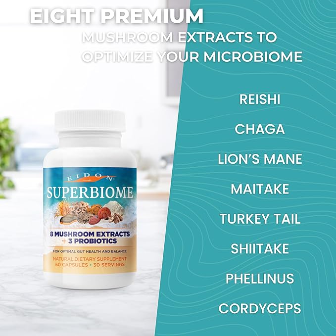 Eidon Ionic Minerals SuperBiome Mushroom Extract Supplement Mushroom Complex Capsules with Reishi Chaga Lions Mane Cordyceps Turkey Tail 30 Servings