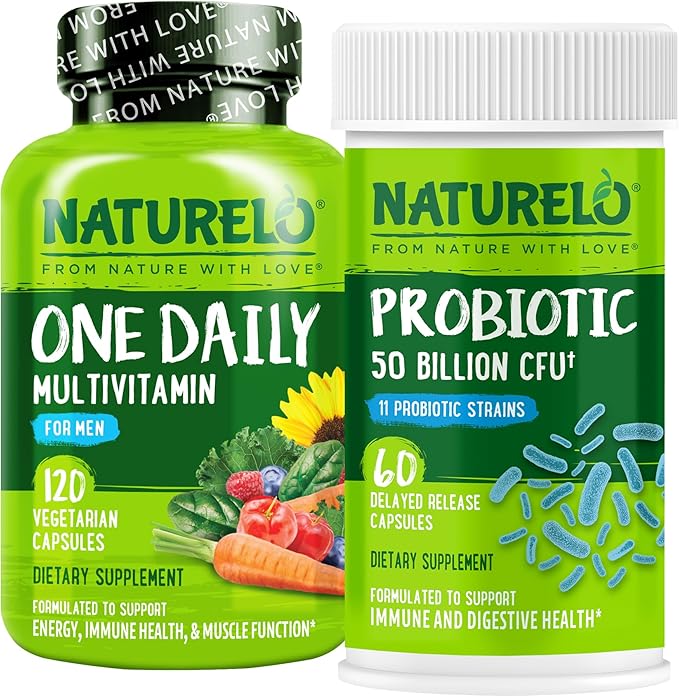 NATURELO Probiotics for Digestive Health - 60 Vegetarian Capsules and One Daily Multivitamin for Men 120 Vegetarian Capsules Bundle