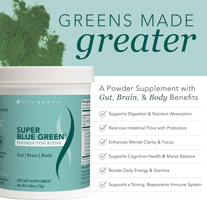 New Earth Super Blue Green Greens Made Greater Powder Supplement | Protect and Support Gut Brain &amp Whole Body Systems - a Better Greens Powder | Superior Nutrients for Maximal Health. - 30 Days