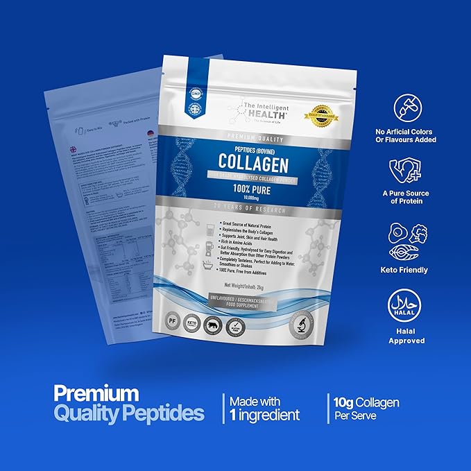 The Intelligent Health Hydrolysed Collagen Powder (Bovine) - High Protein Grass Fed Unflavoured Peptides - Collagen Supplements for Women | Gluten Free Paleo &amp Keto Friendly (2Kg)