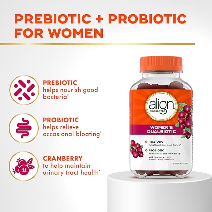 Align Probiotic Women's Dualbiotic Womens Probiotic Gummies Prebiotics and Probiotics for Women with Cranberry for Urinary Tract Health* Cranberry Flavor 90 Gummies