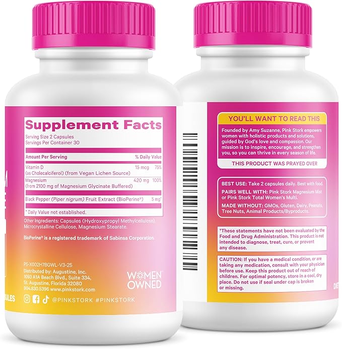 Pink Stork Magnesium Glycinate with Vitamin D - Magnesium Supplement for Women to Support Natural Calm - 2 Pack