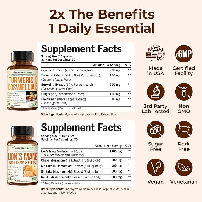 Boswellia Turmeric Curcumin Supplement + Lions Mane Supplement Capsules Bundle – for Joint Health Mood &amp Immune Support – with Ginger Organic Turmeric Powder Turkey Tail Shiitake Mushrooms &am