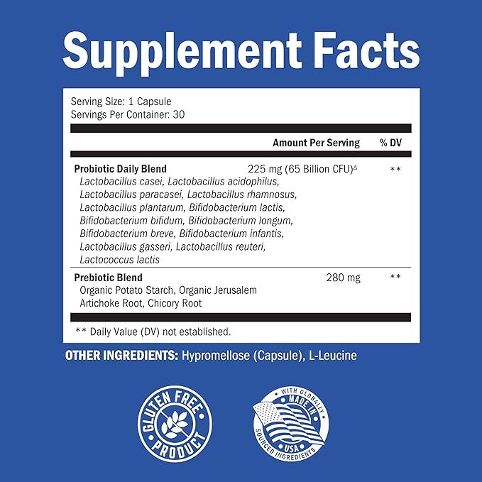 Probiotic 65 Billion - Probiotics with Prebiotic for Women &amp Men - Lactobacillus Acidophilus Digestive Health Capsules - Targeted Release Technology - Shelf Stable Supplement Non-GMO Dairy Free-30