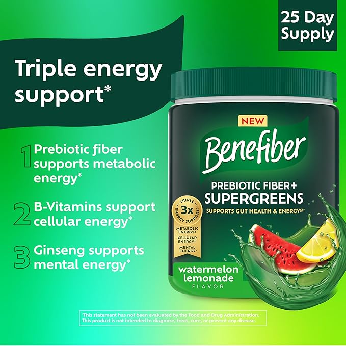 Benefiber Prebiotic Fiber + Supergreens Dietary Supplement Powder Watermelon Lemonade Flavor 8.8 oz (250g)