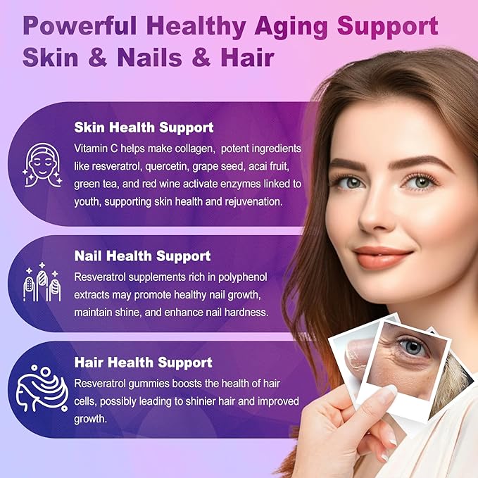 Resveratrol Supplement 1500mg - Resveratrol Gummies Supports NAD⁺ NMN &amp NMNH Synergy with Quercetin Grape Seed Acai Berries Extracts for Antioxidant Healthy Aging &amp longevity Skin Brain