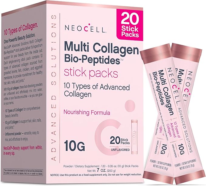 NeoCell Multi Collagen Powder | 20 Stick Packs | Unflavored and Mixes Easily | 10 Types of Advanced Collagen Bio-Peptides | Superior Absorption