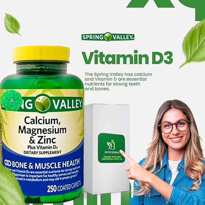 Calcium Magnesium Zinc &amp Vitamin D3 Dietary Supplement 250 Caplets (2 Pack) with Bundle Exclusive Better Ligth&ampSpring Guide + Weekly Pill Organizer (4 Items)
