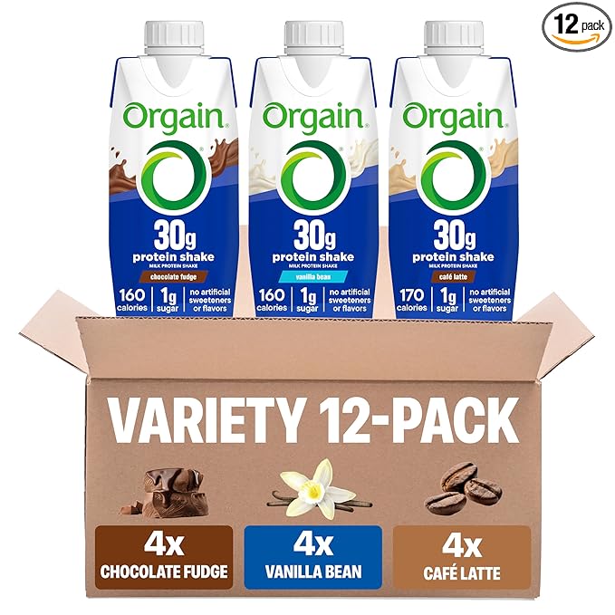 Orgain 30g High Protein Shake Variety Pack Dairy Isolate Milk Protein 5g BCAAs 1g Sugar Per Serving Caffeine Meal Replacement Ready to Drink Chocolate Vanilla Café Latte 11 Fl Oz (12 Pack)