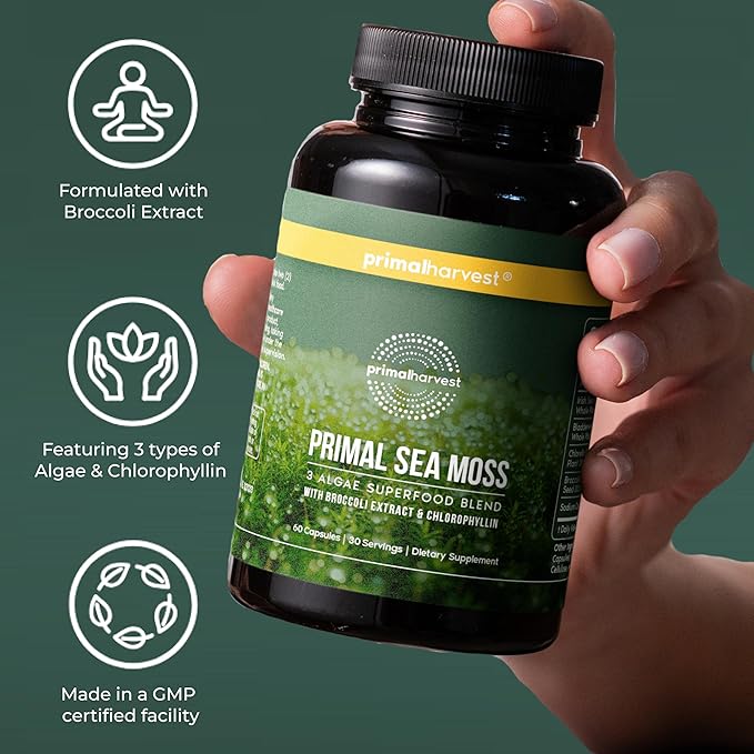 Primal Harvest Sea Moss Capsules with Bladderwack and Irish Sea Moss Chlorella Broccoli Seed Extract Plant-Based Supplements for Adults