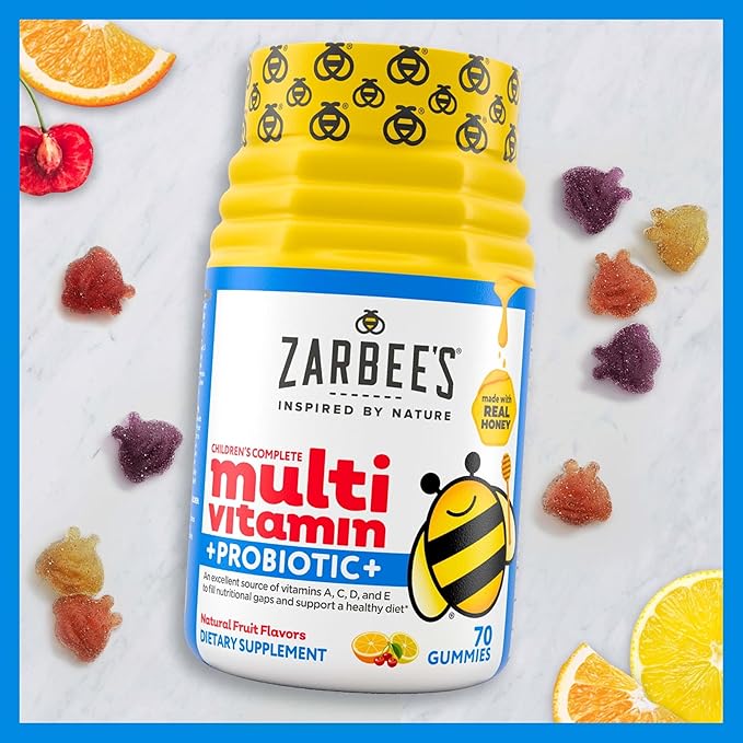 Zarbee's Kid's Complete Multivitamin + Probiotic Gummies with Vitamins A B C D E &amp zinc for Digestive Health Easy to Chew Kids Daily Multivitamin Gummies Natural Fruit70 Count (Pack of 2)
