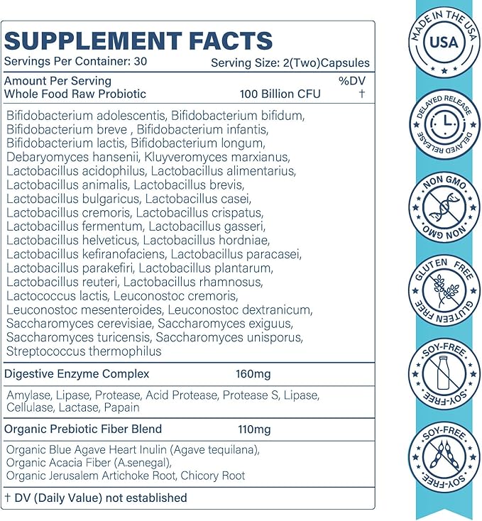Raw Probiotics for Women &amp Men - 100 Billion CFU 35 Strains Organic Prebiotics &amp Natural Digestive Enzymes for Digestive Gut &amp Immune Health - Soy and Gluten Free Non-GMO 180 Vegan Ca