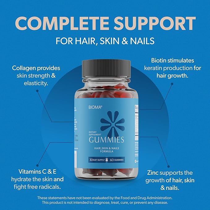 BIOMA Hair Skin &amp Nails Beauty Gummies - Supports Growth &amp Strength with Biotin Collagen Zinc &amp Vitamins C &amp D - Gluten-Free - 180 Gummies (90-Day Supply 3 Pack)