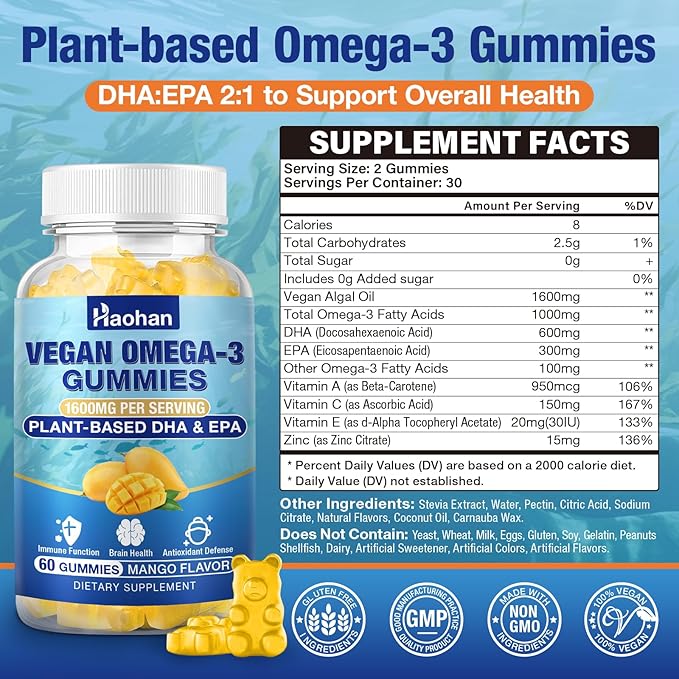 Omega-3 Gummies for Adults Orange Flavor – Sugar-Free Algae-Derived DHA 600mg &amp EPA 300mg with Vitamins A C E Zinc 120 Gummies