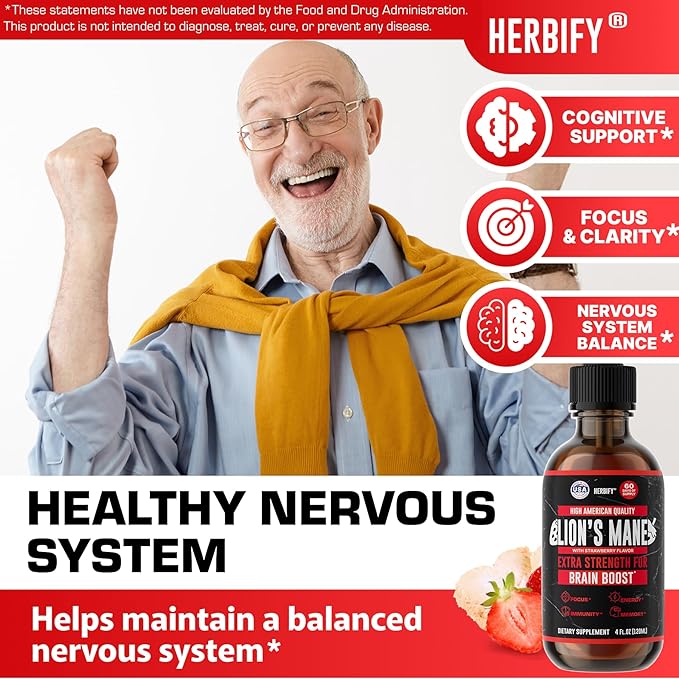 HERBIFY Lions Mane Supplement - Daily Mushroom Supplement for Memory Focus &amp Clarity - Brain Booster - Lions Mane Tincture for Immune Support - 4 Fl oz Strawberry Flavor