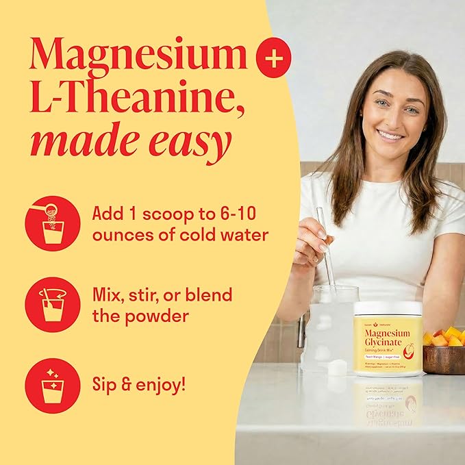 Magnesium Glycinate Powder + L-Theanine | 60 Servings | 300 mg per Scoop High Absorption Chelated Magnesium Powder for Sleep - Peach Mango Flavor No Sugar Support Restful Sleep &amp Relaxation