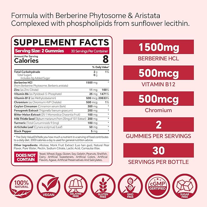 Berberine Supplement 1500mgSugar Free Berberine with Ceylon Cinnamon GummiesChromiumTurmeric Fenugreek for Naturally Metabolism Balanced Berberine HCl from Indian Barberry Extract 120 Cts