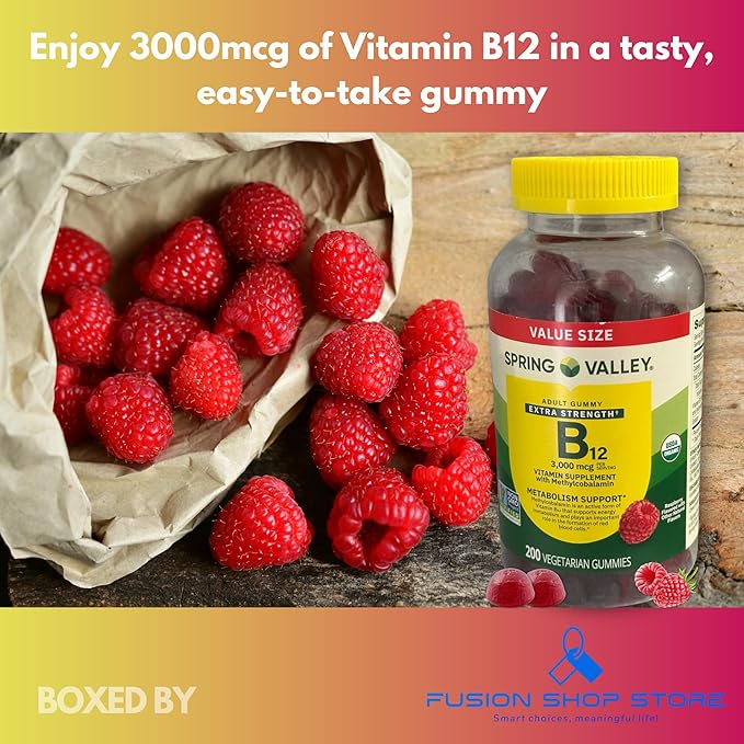 Vitamin B12 Gummies Raspberry Flavor- Extra Strength 3000 mcg Vegetarian 200 Count (Pack of 1) Boxed by Fusion Shop Store