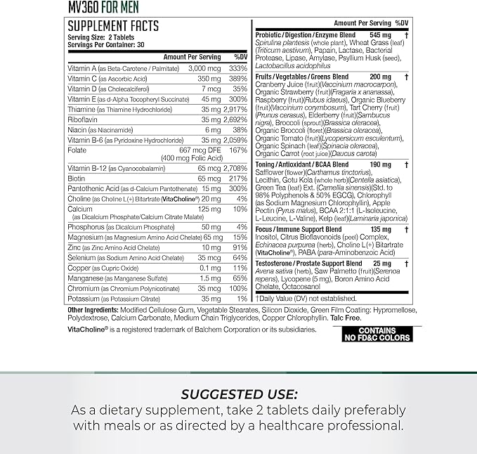 Men's Nutrition MV360 5-in-1 Complete Multivitamin with Essential Vitamins for Energy Digestion Toning Immune Support and Mens Health &amp Vitality 60 Tablets 30 Servings