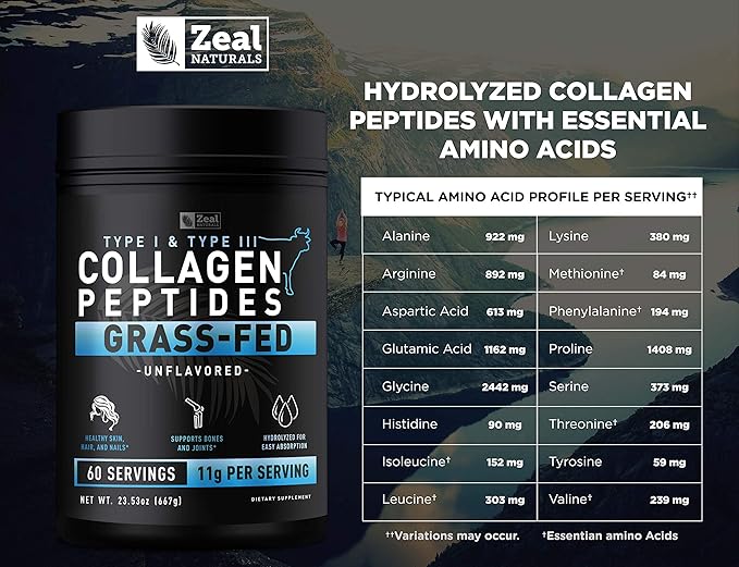 Zeal Naturals Hydrolyzed Collagen Peptides Powder 10g Protein | Grass-Fed Collagen for Women &amp Men | Essential Amino Acids | Hair Skin Nails Bone Health | 60 Servings Unflavored 23.53 oz.