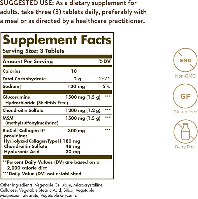 Solgar Glucosamine Hyaluronic Acid Chondroitin MSM (Shellfish-Free) 60 Tablets - Joint Support &amp Comfort - Supports Active Lifestyles - Non-GMO Gluten Free Dairy Free - 20 Servings