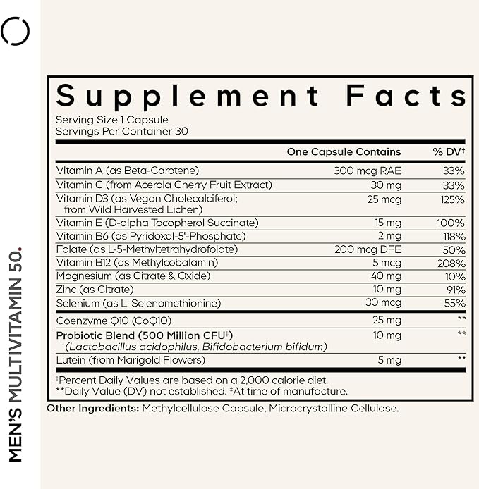 Codeage Men's Multivitamin 50 - Essential Vitamins &amp Minerals for Men Over 50 - Daily Multivitamins for Men Supplement - Vitamin A C D3 E B6 B1 CoQ10 Probiotics Lutein - Non-GMO - 30 Capsu