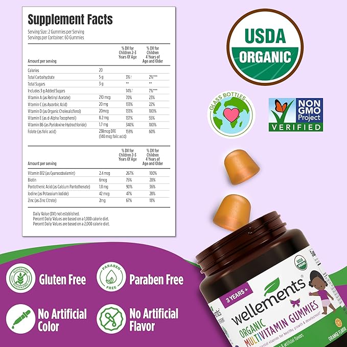 Wellements USDA Organic Kids Multivitamin Gummies 60 Ct (3+ Years) | Essential Kids Vitamins A B C D E &amp Zinc | Supports Healthy Growth &amp Development* | Non-GMO No Gluten &amp No Artific