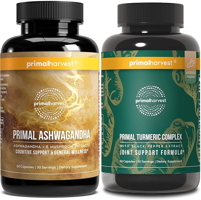 Primal Harvest Daily Two-Step Routine | Ashwagandha + Turmeric | 2 Pack | 30 Day Supply