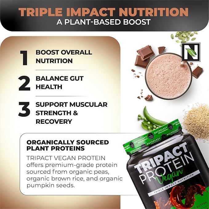 Nutrology TRIPACT Vegan Protein Powder - Organic Pea Rice &amp Pumpkin Protein BCAAs &amp Glutamine Plant-Based Meal Replacement Shakes for Muscle Recovery &amp Immunity Chocolate Peanut Butter