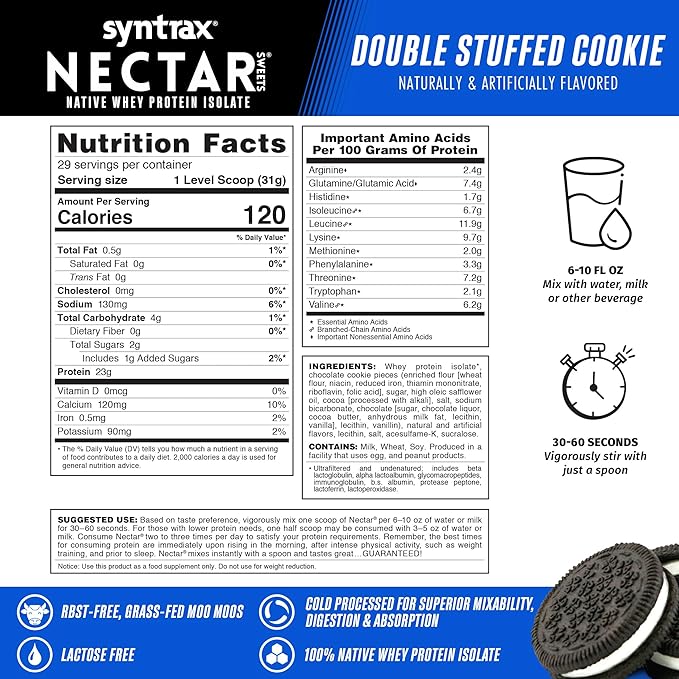 Syntrax Nutrition Nectar Sweets Whey Protein Isolate Real Cookie Pieces Double Stuffed Cookie 2 lbs.