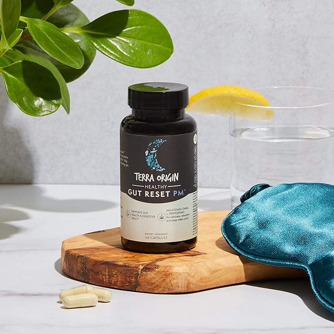 TERRA ORIGIN Healthy Gut Reset PM | 60 Veggie Capsules | Natural Sleep Aid Supplement for Sleep &amp Wake Cycles | GABA L-Theanine Melatonin L-Glutamine Licorice Root Slippery Elm Root
