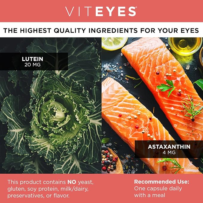 Viteyes Lutein &amp Astaxanthin – Relieve Eye Fatigue Hydrate &amp Firm Skin Blue Light Protection Immune Support 20 mg Lutein 4 mg Astaxanthin Eye Vitamins Doctor Trusted Brand 30 Capsules