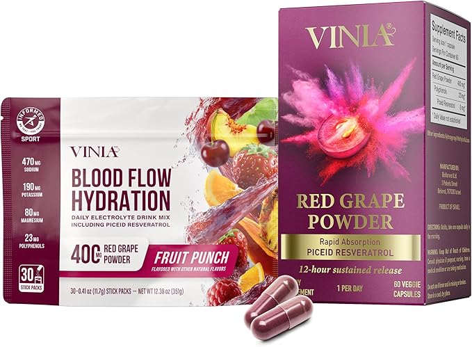 VINIA Piceid Resveratrol Capsules + Electrolyte Hydration Powder Mix Fruit Punch | Boost Blood Flow Circulation &amp Energy | 60 Count + 30 Sticks