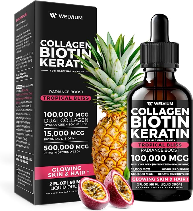 Liquid Biotin and Collagen Peptide Complex with Keratin Hyaluronic Acid MCT Oil Zinc Vitamins B6 B7 B12 A C D3 E - Hair Skin and Stronger Nails Supplement - 2 Pack