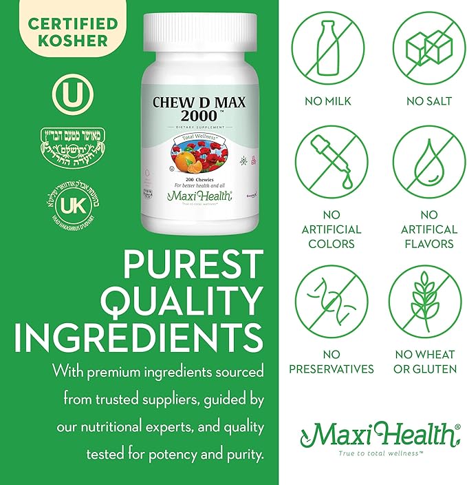 Maxi Health Chewable Vitamin D3 2000 IU Supplement - Delicious Natural Bubble Gum Flavor - Supports Calcium Absorption Immune and Bone Health in Adult Women Men Children &amp Toddlers - 200 Chews