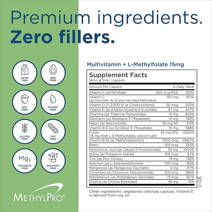 MethylPro Multivitamin + L-Methylfolate 15 mg - Supports a Healthy Mindset - Vitamins A C D3 E &amp More - Active Folate for Methylation Support &amp Biochemical Reactions - 30 Servings - 30 Caps