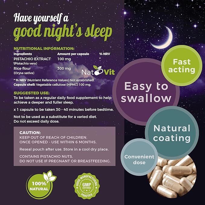 Pistachio Sleep/Unique Natural Sleep Aid Supplement/Natural Melatonin/Fall Asleep Faster/Deeper and Longer Sleep/No Drowsiness / 30 Vegan Capsules