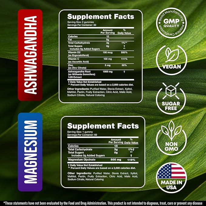 JOYLI Magnesium &amp Ashwagandha Gummies Bundle – Sugar-Free Vegan with Magnesium Glycinate &amp Ashwagandha Root – Daily Wellness Support – 2x60 Gummies