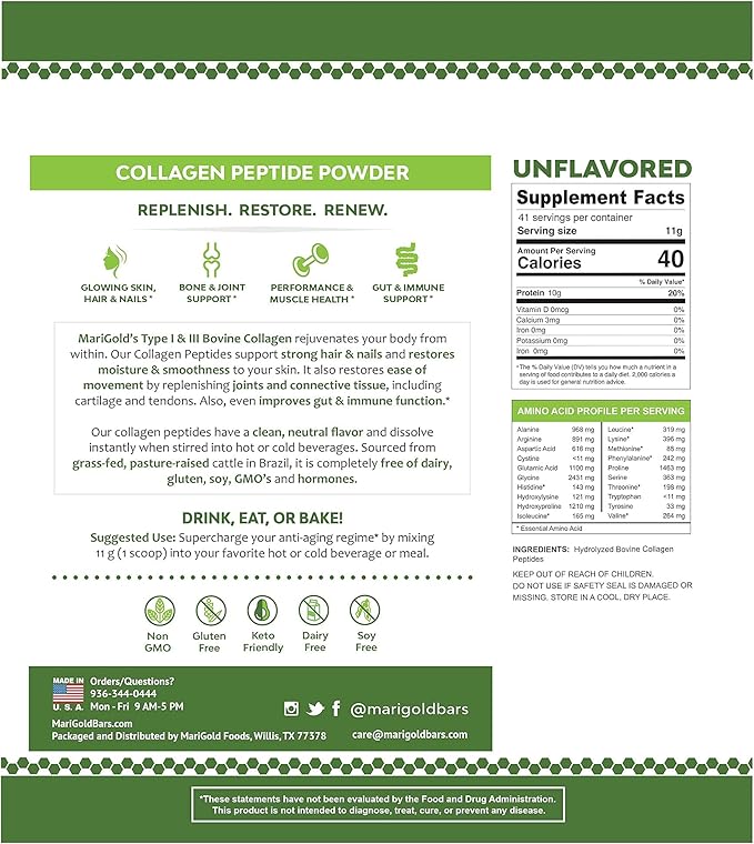 MariGold Grass-fed Collagen Peptides Powder Unflavored 1LB - 100% Pure Type I &amp III Bovine Hydrolyzed Collagen Non-GMO Hormone-Gluten-Dairy Free Keto-Friendly Easy to Mix