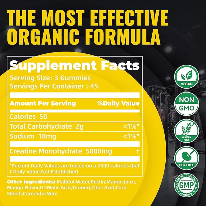 Creatine Monohydrate Gummies – Pre-Workout Energy &amp Muscle Growth Support for Men &amp Women | Mango Electrolyte Gummies (135 Count)