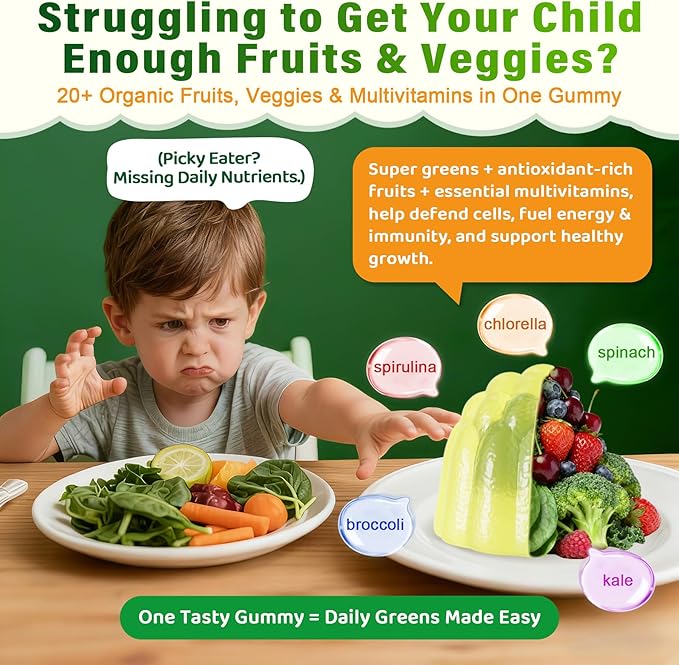 Kids Multivitamin Gummies 20+ Super Greens Fruit and Veggies Supplement Superfood Daily Gummies with Probiotics for Kids Gummy Vitamins &amp Minerals for Tummy &amp Immune Support -Vegan Sugar Fre