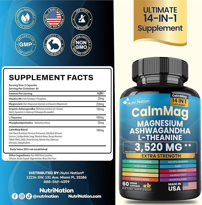 Best Magnesium Glycinate with Ashwagandha and L-Theanine 14 in 1 Supplement 60 Capsules 3 Bottle