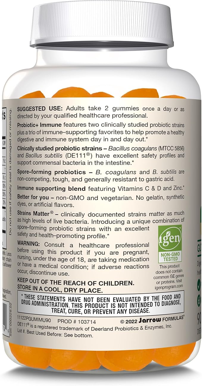 Jarrow Formulas Probiotic+ Immune Gummies 2 Billion CFU Supplement for Digestive Health and Immune Support 90 Orange Flavor Probiotic Gummies 45 Day Supply12 Packs