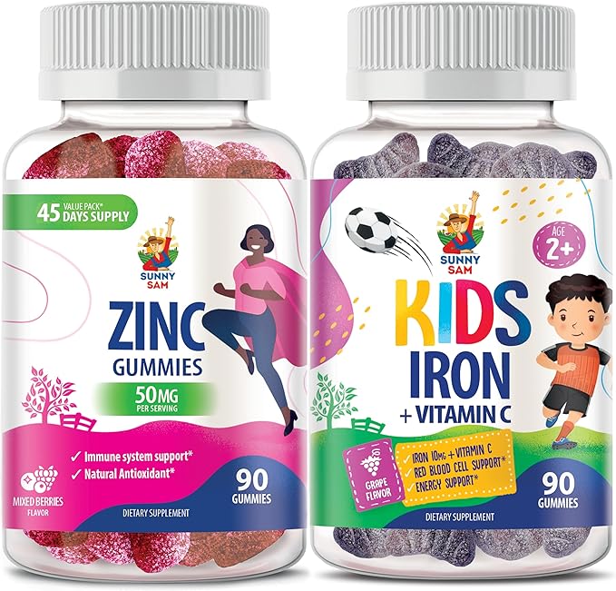 SUNNY SAM Iron Gummies for Kids &amp Zinc Gummies for Adults - Zinc Chewable Gummy for Immune Support - Powerful Natural Antioxidant Non-GMO Supplement for Children Men Woman Adults