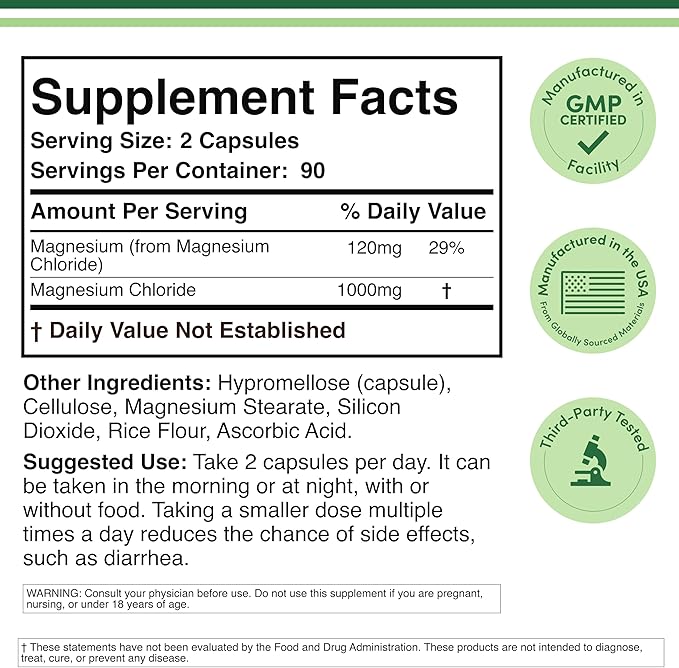 Magnesium Chloride (Cloruro De Magnesio) - 180 Capsules 1000mg Per Serving Supports Digestive and Bone Health - Non-GMO and Gluten Free by Double Wood Supplements (Pack of 2)