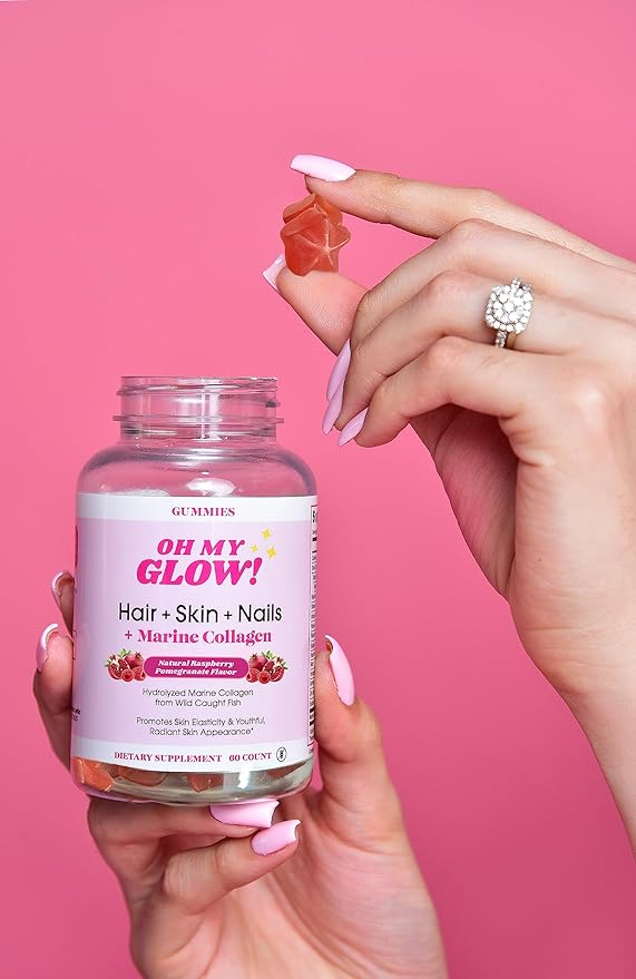 Oh My Glow! Hair Skin &amp Nails + Marine Collagen – Gluten-Free Non-GMO Gummies Raspberry Pomegranate
