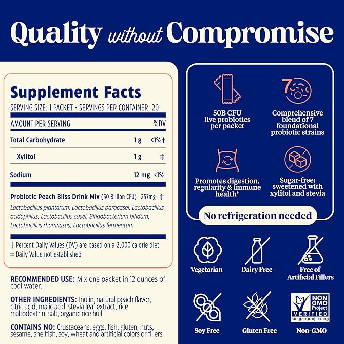 Enzymedica SubCulture Peach Bliss Probiotic Powder Daily Drink Supports Gut Health &amp Immune Function Probiotics for Women and Men Sugar-Free 20 Stick Packs