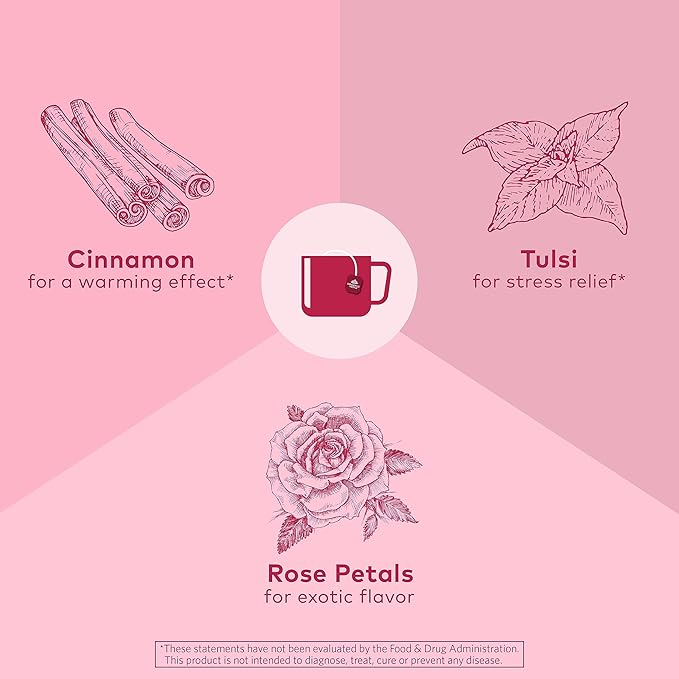 ORGANIC INDIA Tulsi Cinnamon Rose Tea - Tulsi Rose Tea Bags Cinnamon Tea Bags w/Holy Basil Chamomile Caffeine Free - 18 Infusion Bags 3 Pack