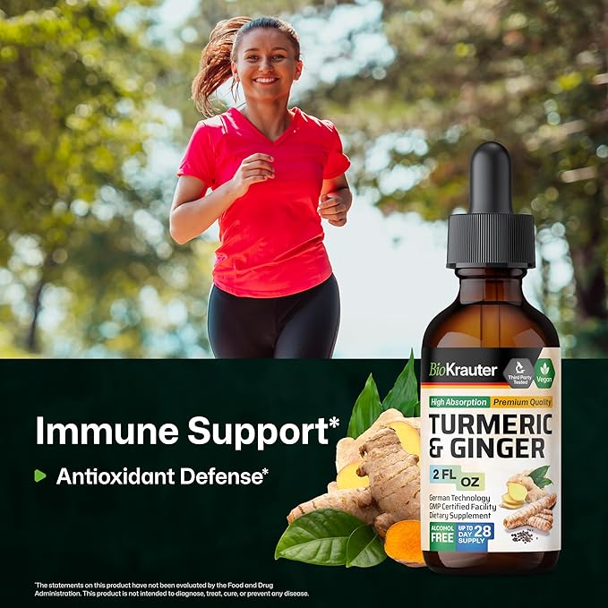 BIO KRAUTER® Turmeric and Ginger Supplement - Pure Vegan Liquid Turmeric &amp Ginger Tincture with Pepper 2 Fl.Oz 28 Days of Supply - Curcumin Drops for Joint Support Antioxidant &amp Immune Suppor