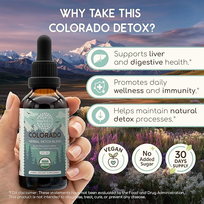 HerbEra Colorado Herbal Detox Blend - USDA Organic Extract Made in USA | Immune &amp Liver Support Liquid Drops | Dandelion Root Eleuthero Milk Thistle Turmeric Rosemary | 2 fl oz